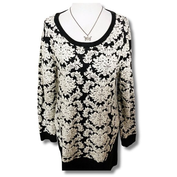 SPANNER Black creamy white damask pattern sweater ~ Goth LARGE XL 1X knit top - Picture 1 of 16